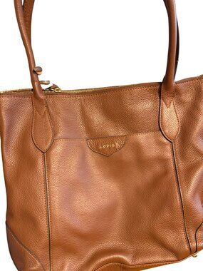 Lodis Kiera Brown Pebbled Leather Tote Bag Shoulder Gold Tone Pockets Zip Top